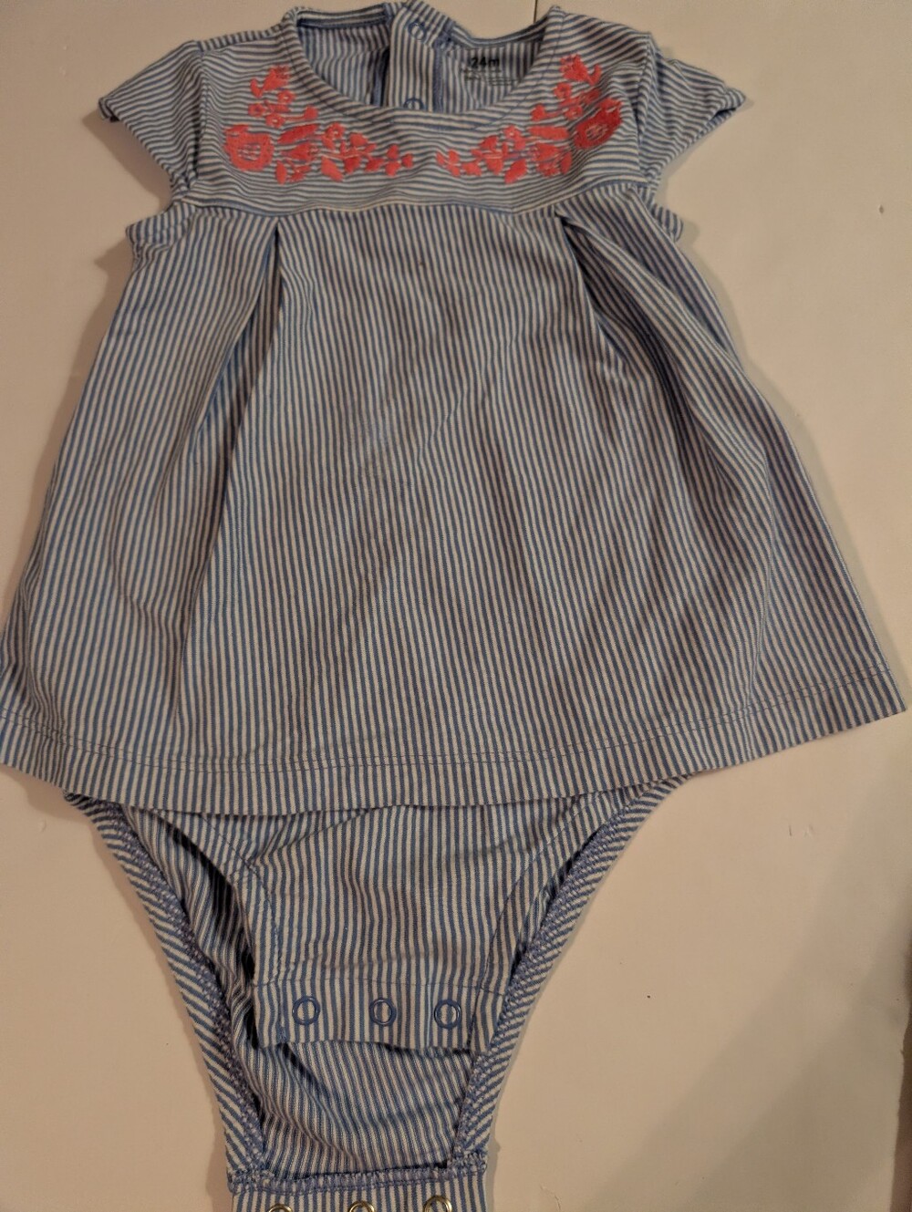 Carter's Blue & White Striped Bodysuit with Coral Floral Embroidery Sz 24M